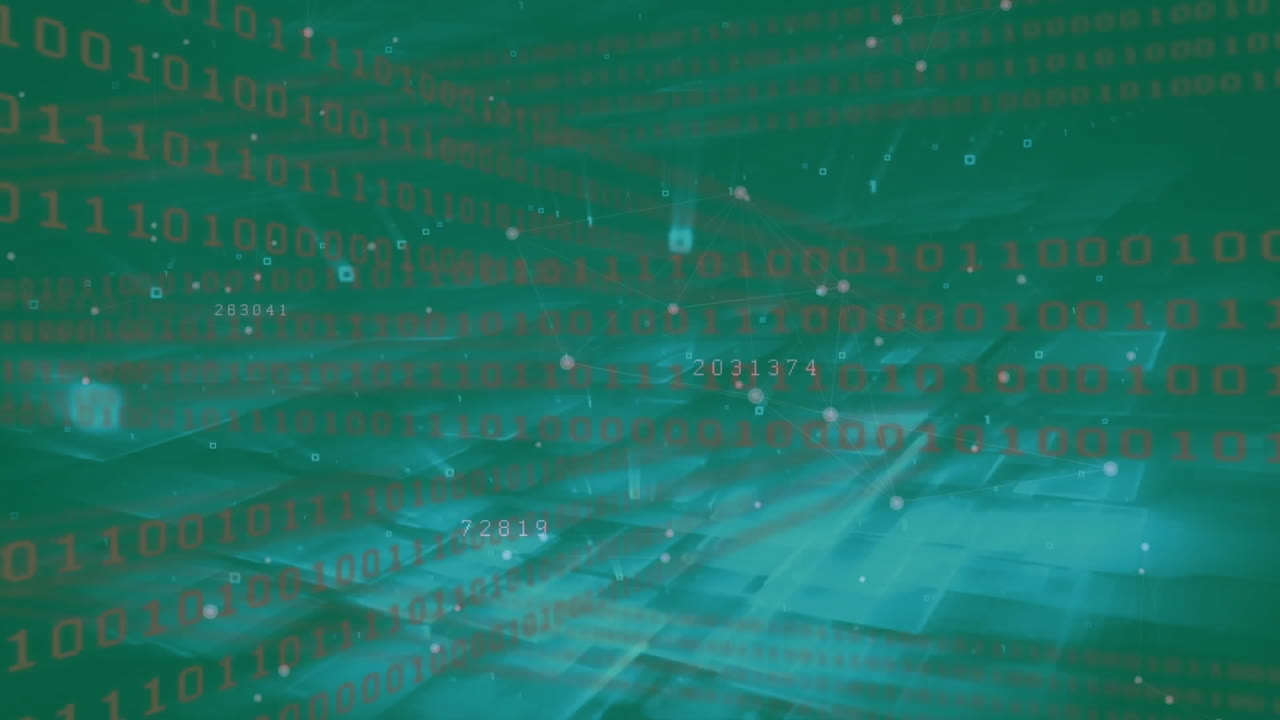 Red binary code scrolling across 3D wave grid, showing floating numbers connecting network lines