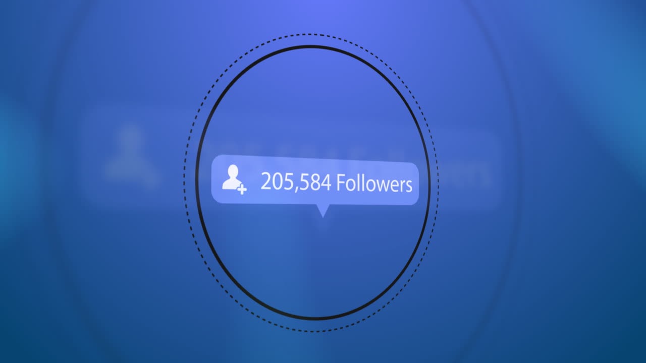 icono de perfil, texto de seguidores y números crecientes en la burbuja de habla sobre círculos en fondo azul