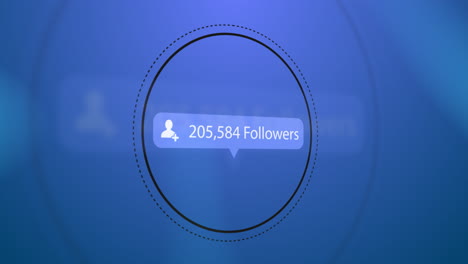 profile icon, followers text and increasing numbers on speech bubble over circles on blue background