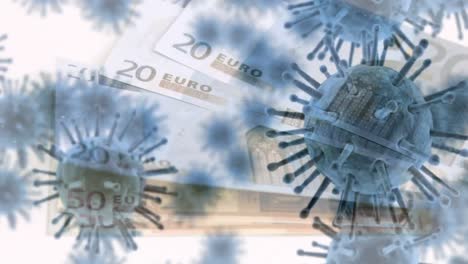 Animation-of-macro-Covid-19-cells-over-Euro-bills-lying-on-a-table.-