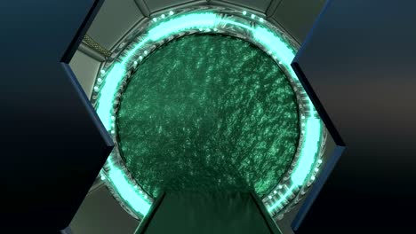 la escotilla de hierro abre una vista panorámica a la escena del paisaje de la nave espacial. fondo abstracto 3d de corredor de ciencia ficción con portal. tecnología futurista abstracto vj para títulos tecnológicos y fondo.