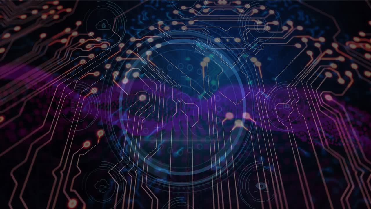 컴퓨터 회로판의 애니메이션 스 스캔과 검은 바탕에 dna 스트랜드