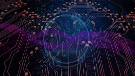 animation of computer circuit board over scope scanning and dna strand on black background