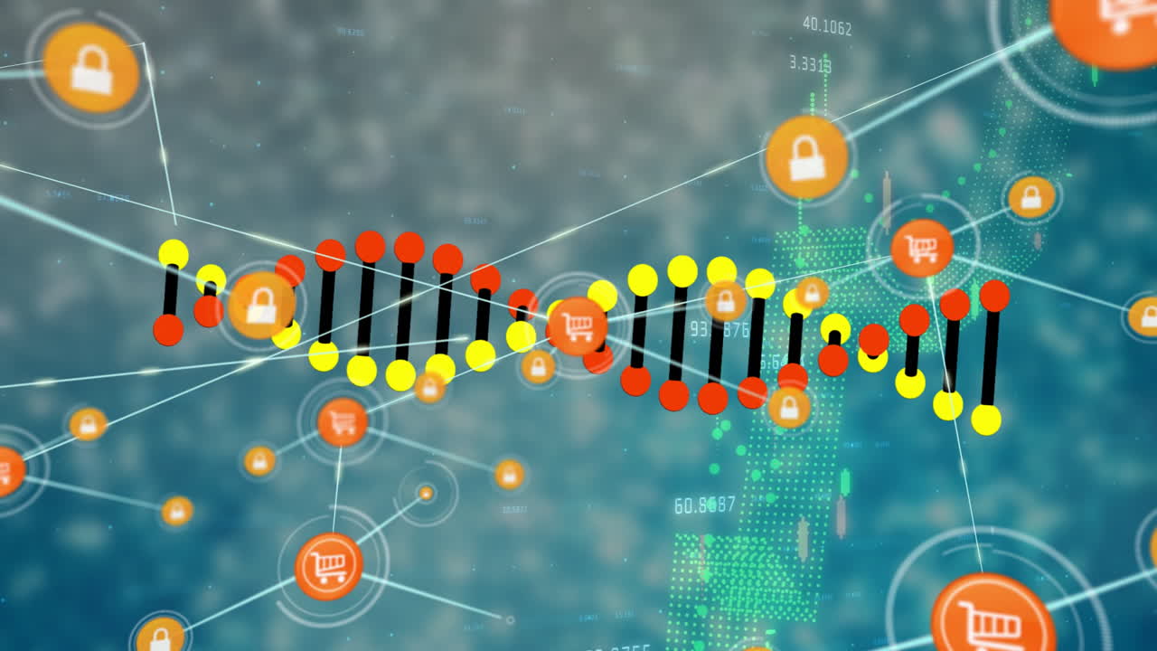 DNA strand and digital security icons over network connections animation