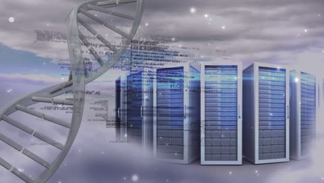 animation of data processing and dna strand over servers