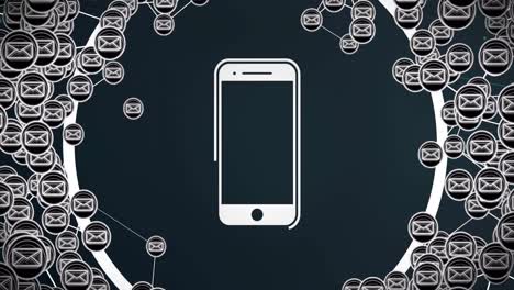 animación de conexiones de teléfonos inteligentes y correo electrónico sobre fondo negro