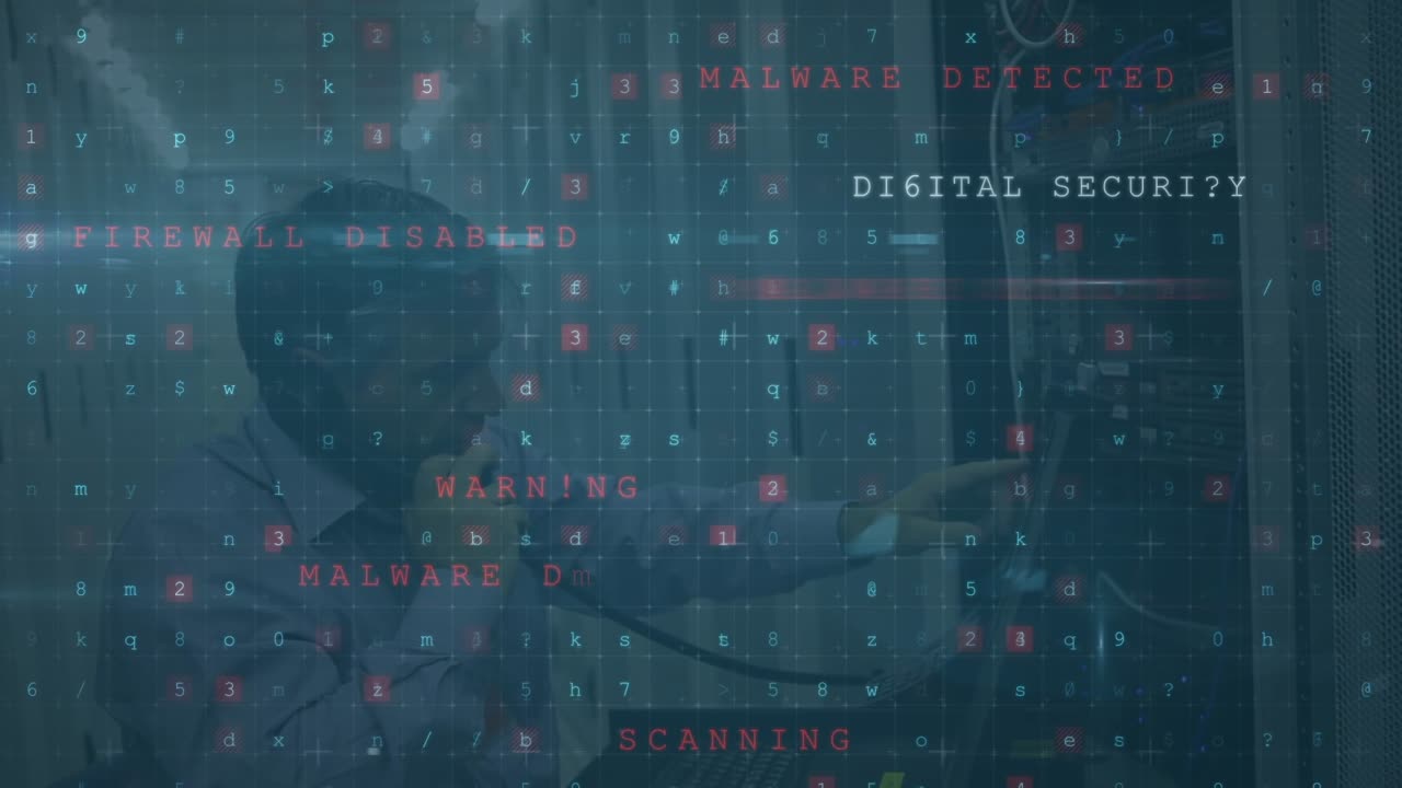 Animation of cyber attack text and data processing over caucasian male it technician by server