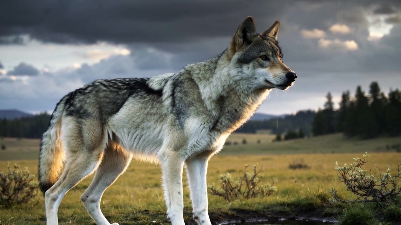 Approaching gray wolf seeking water, lowering head to lap puddle in meadow, raising to scan horizon