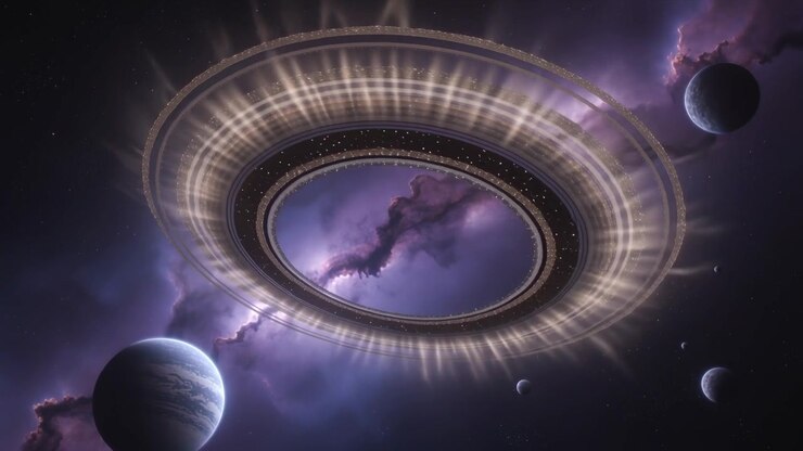 Forming light streaks, pulsing mega ring brightening inner rim, emitting particles in purple nebula
