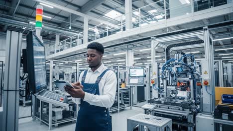 a skilled technician analyzing data in a modern manufacturing environment with advanced machinery and high-tech equipment for optimal production outcomes