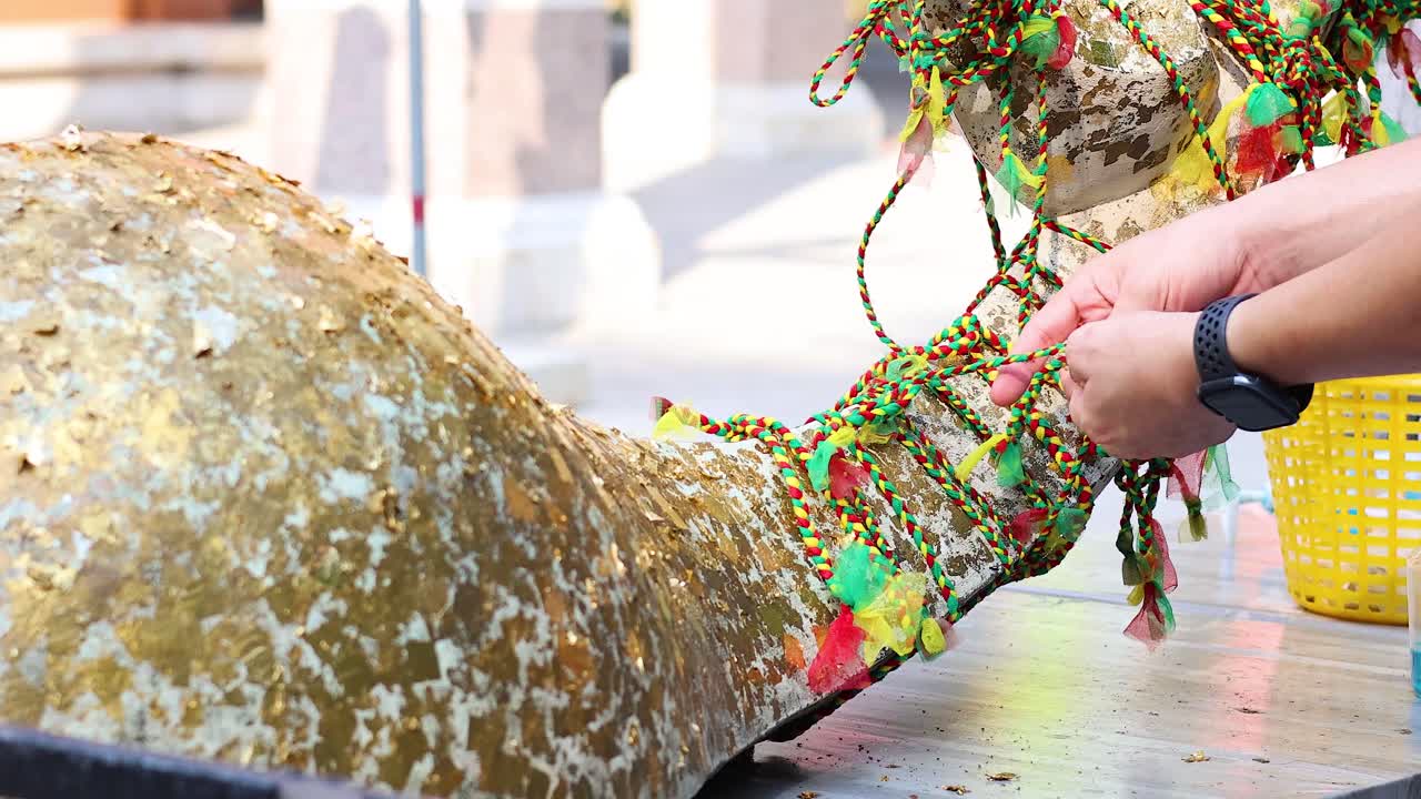 다채로운 꽃받침으로 큰 물체를 장식하는 손