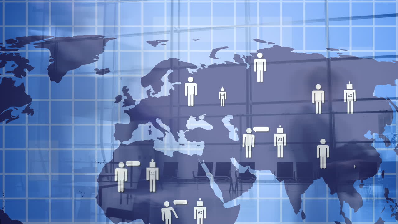 온라인 채팅 아이콘의 애니메이션과 세계 지도와 걸어가는 사람들의 데이터 처리