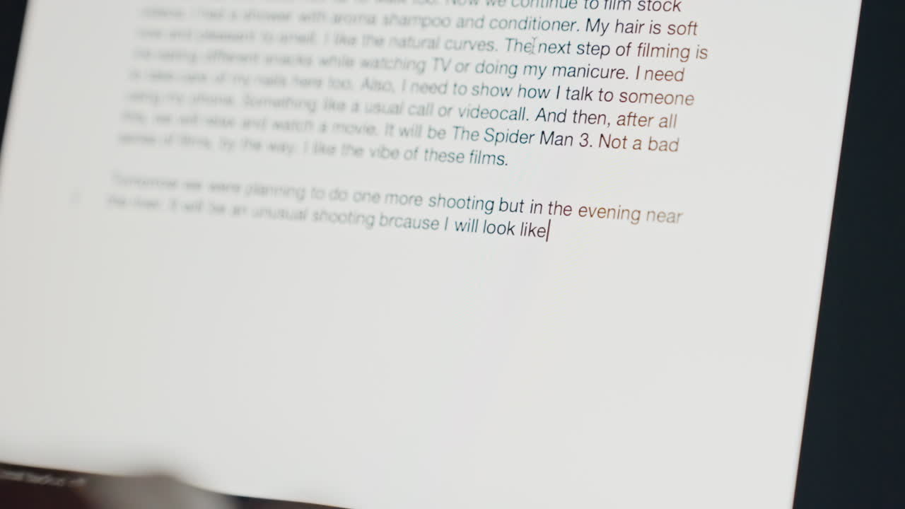 Blurred document on screen closeup hotel reading scene editor reviewing contract lines with shadowed hands, soft glare on display, late night proofreading mood, careful focus on text and layout