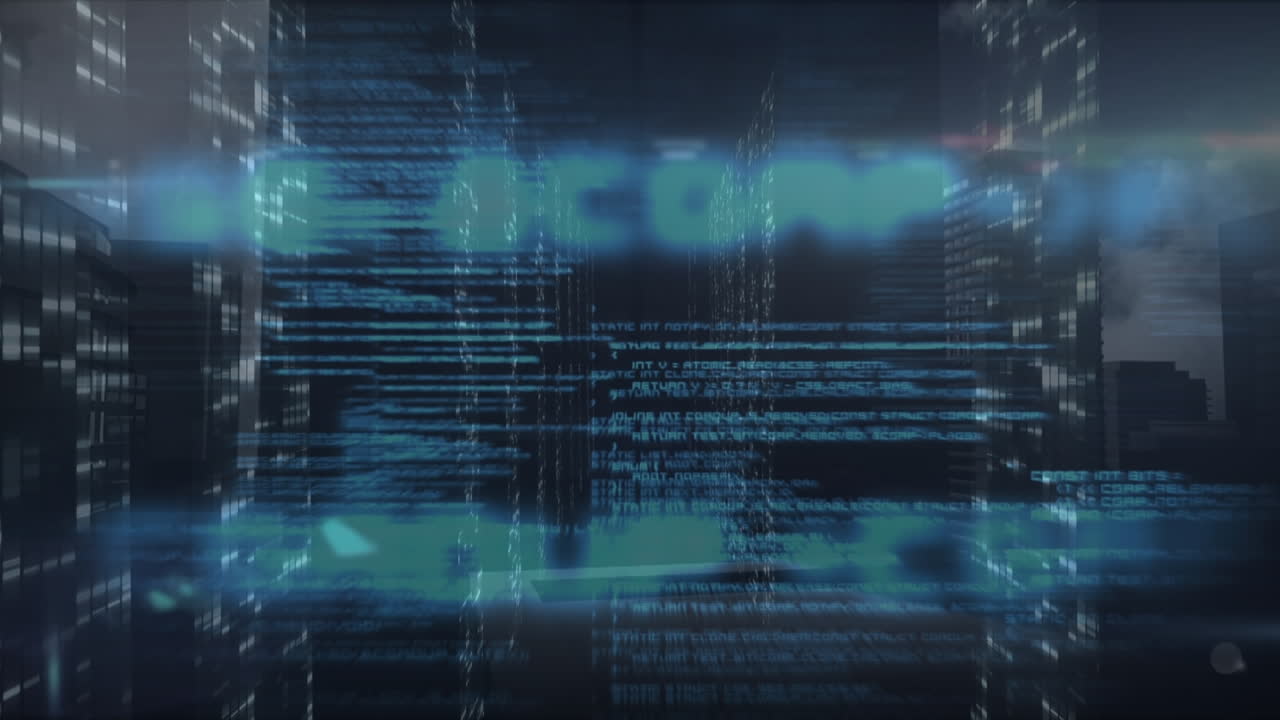 animatie van mozaïekvierkanten en gegevensverwerking tegen hoge gebouwen