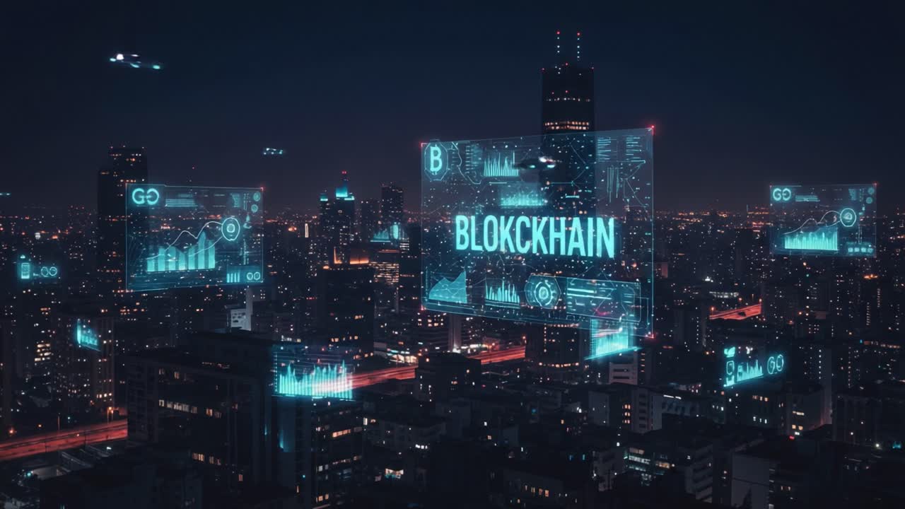 Et futuristisk bylandskab, der fremviser avanceret blockchain-teknologi og dataanalyse overlejret på en natlig bysilhuet.