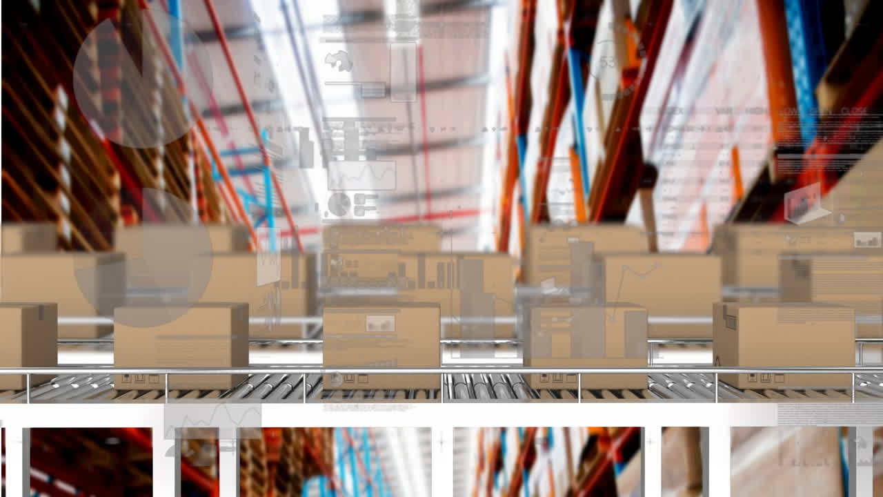 animación del procesamiento de estadísticas sobre cajas de cartón en cintas transportadoras en el fondo