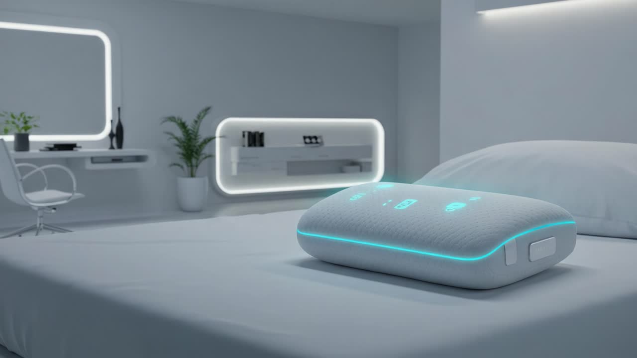 Modern Bedroom Scene Featuring Innovative Sleep Technology with Soft Lighting and Minimalist Decor, Emphasizing Comfort and Style in a Contemporary Space