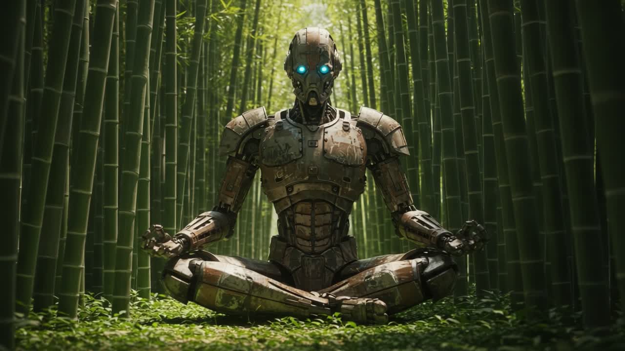 A Meditative Robot with Glowing Eyes Seated Peacefully Amidst Towering Bamboo in a Tranquil Forest Setting, Symbolizing Harmony Between Technology and Nature