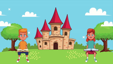little students kids reading books in the camp with castle animated characters