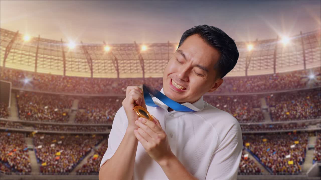 손에 금메달을 입고 키스하는 아시아인, 경기장에서 첫 우승자로 자랑스러워