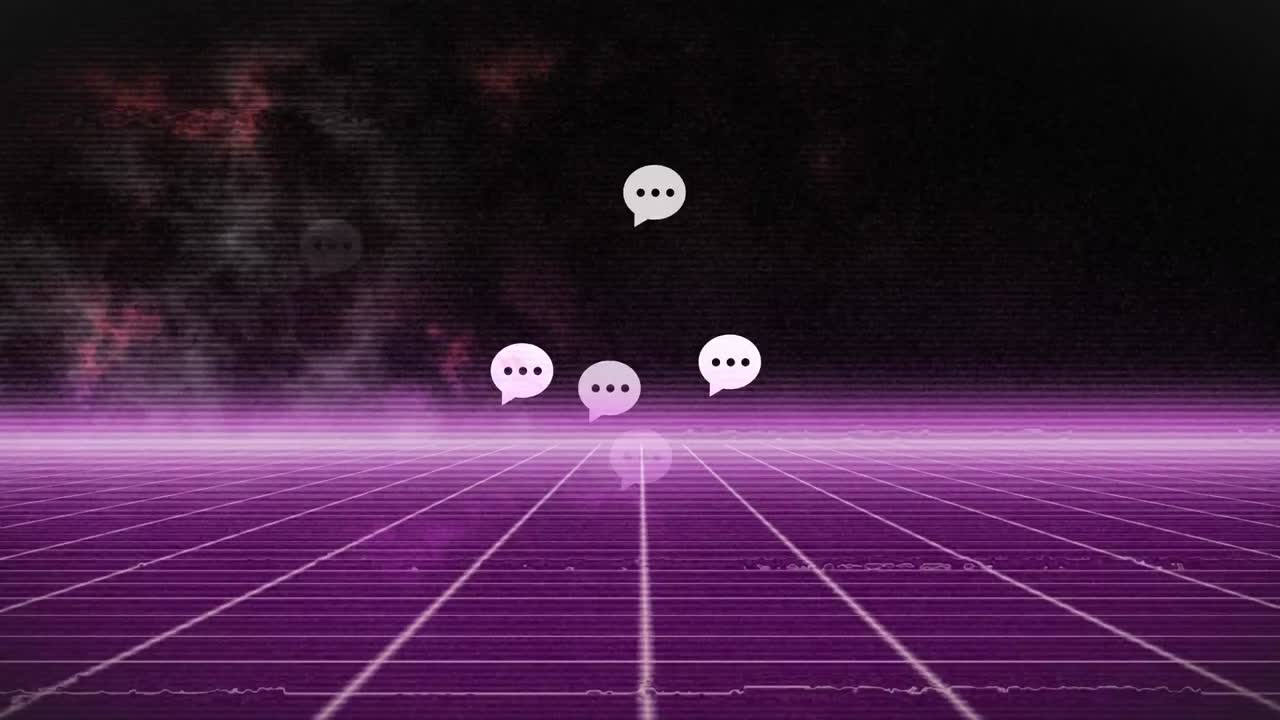 추상적인 배경에 대한 움직이는 그리드 패턴 위에 날아다니는 메시지 아이콘의 애니메이션