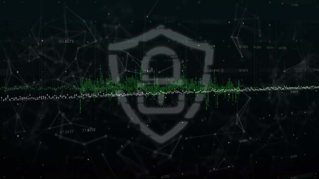 Animation of data processing over security padlock icon and network of connections