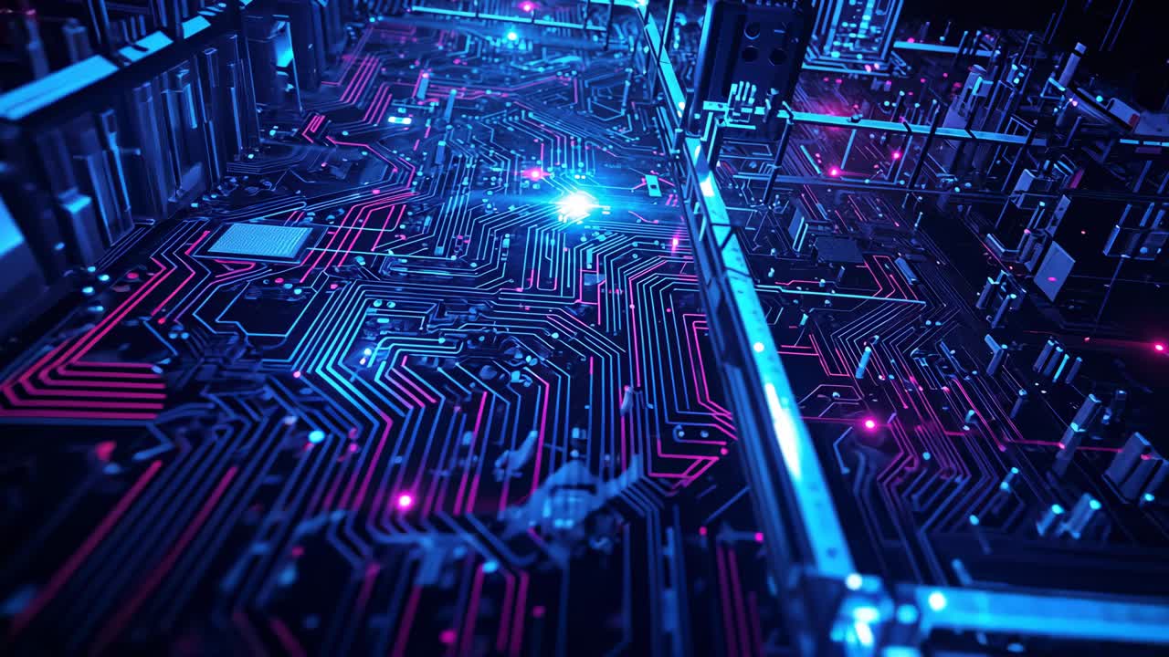 Pulsing data rippling along core pathways, with neon traces, chips and circuit board components
