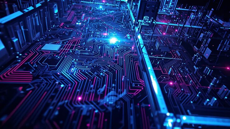 Pulsing data rippling along core pathways, with neon traces, chips and circuit board components