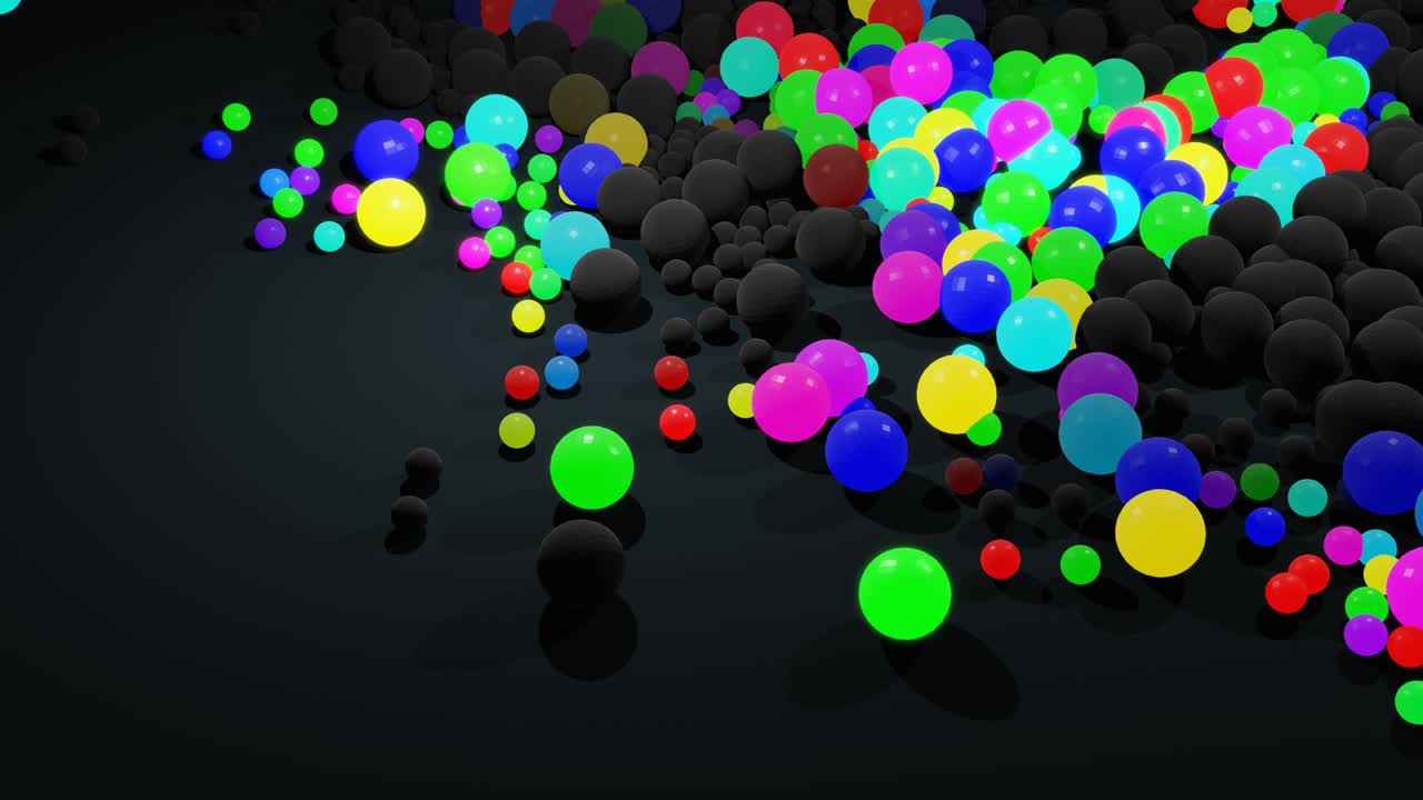 las bombillas comienzan a brillar formando un patrón como una guirlanda de navidad abstracta. las ondas multicolores corren a través de las bolas como en la guirlana de navidad, el fondo en bucle abstracto 3d con muchas esferas grises se encuentran en el plano.