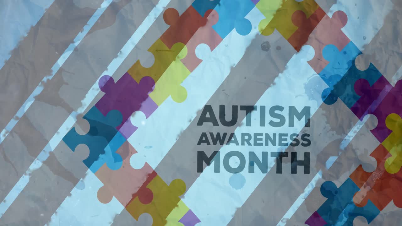 Animazione di testo sul mese della consapevolezza sull'autismo su pezzi di puzzle colorati e strisce