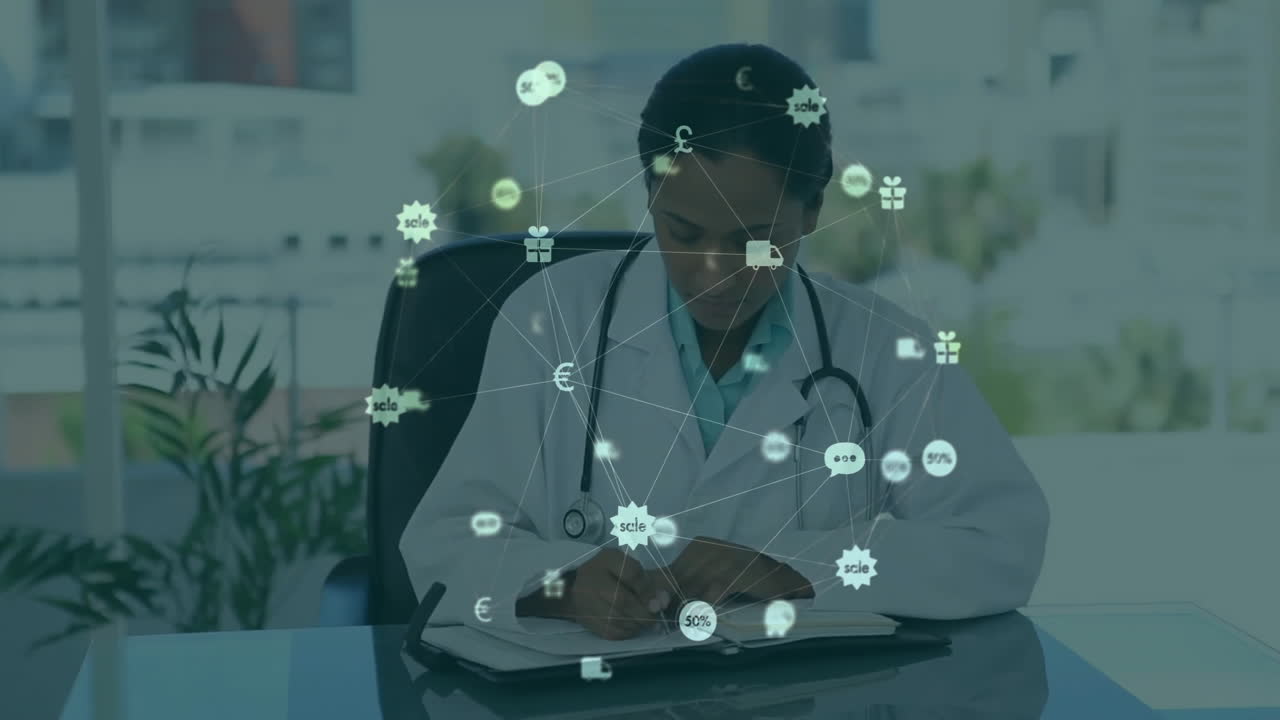 Female doctor writing notes at glass desk, showing healthcare finance icons and currency symbols