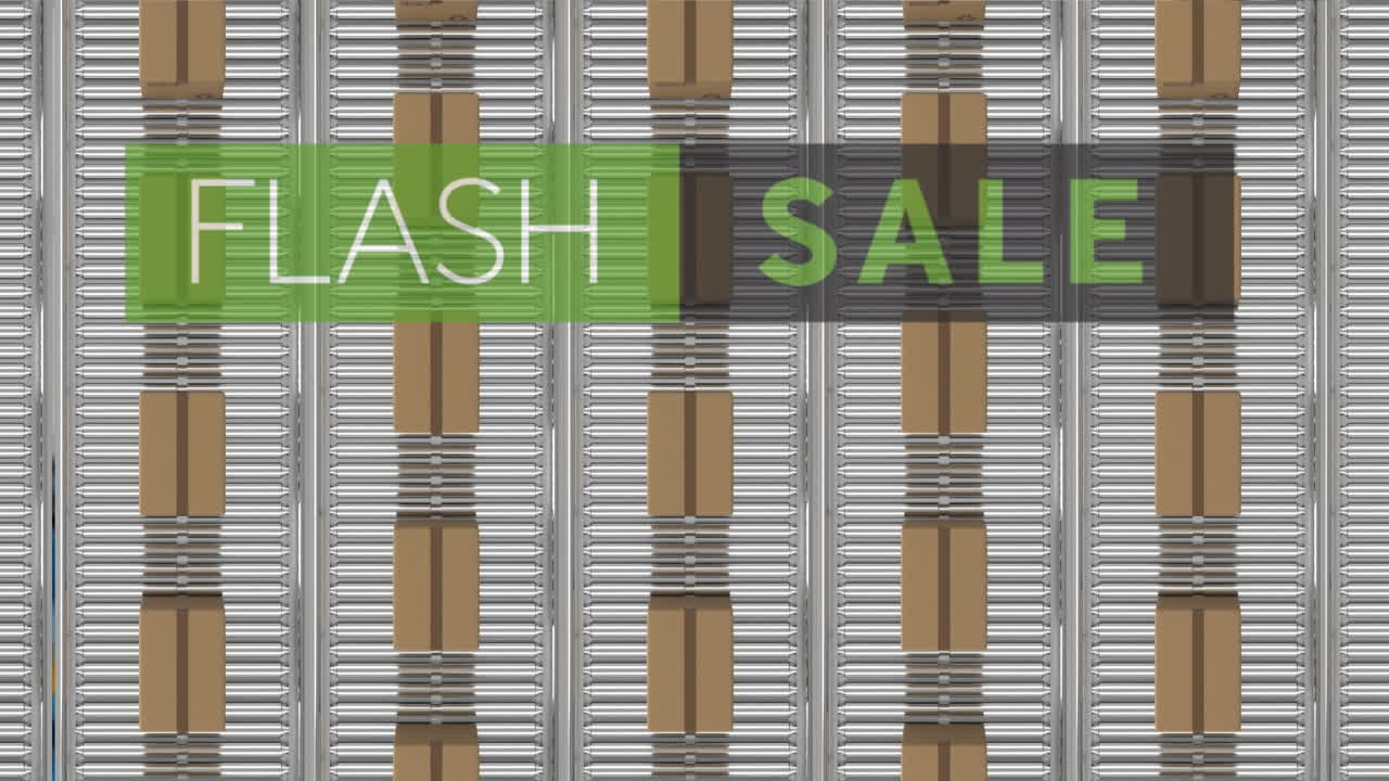 Animation of flash sale text over cardboard boxes on conveyor belts