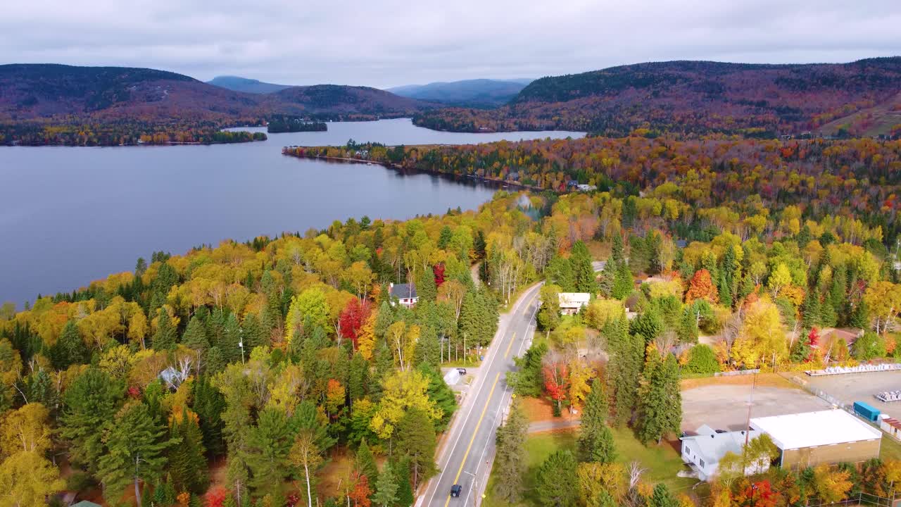 Bird's-eye view of colorful autumn landscape in Mont Tremblant, Quebec