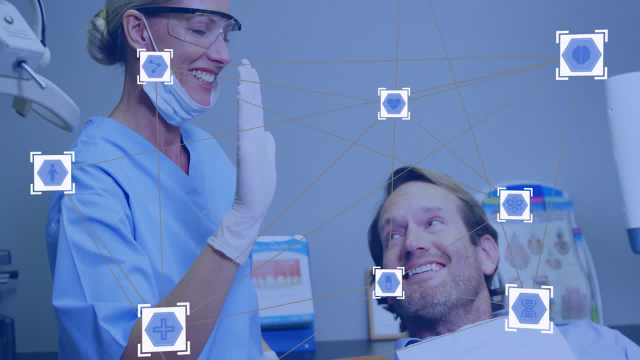 iconos médicos y animación de red sobre el dentista y el paciente sonriendo en la clínica