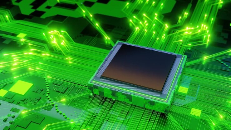 Microchip on a green circuit board with glowing neon connections and digital data pathways. Abstract technology and hardware concept. Design for banner, poster, wallpaper, and heade