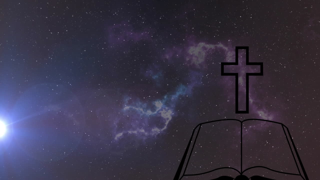 Illustration of cross and open book with starry galaxy animation in background
