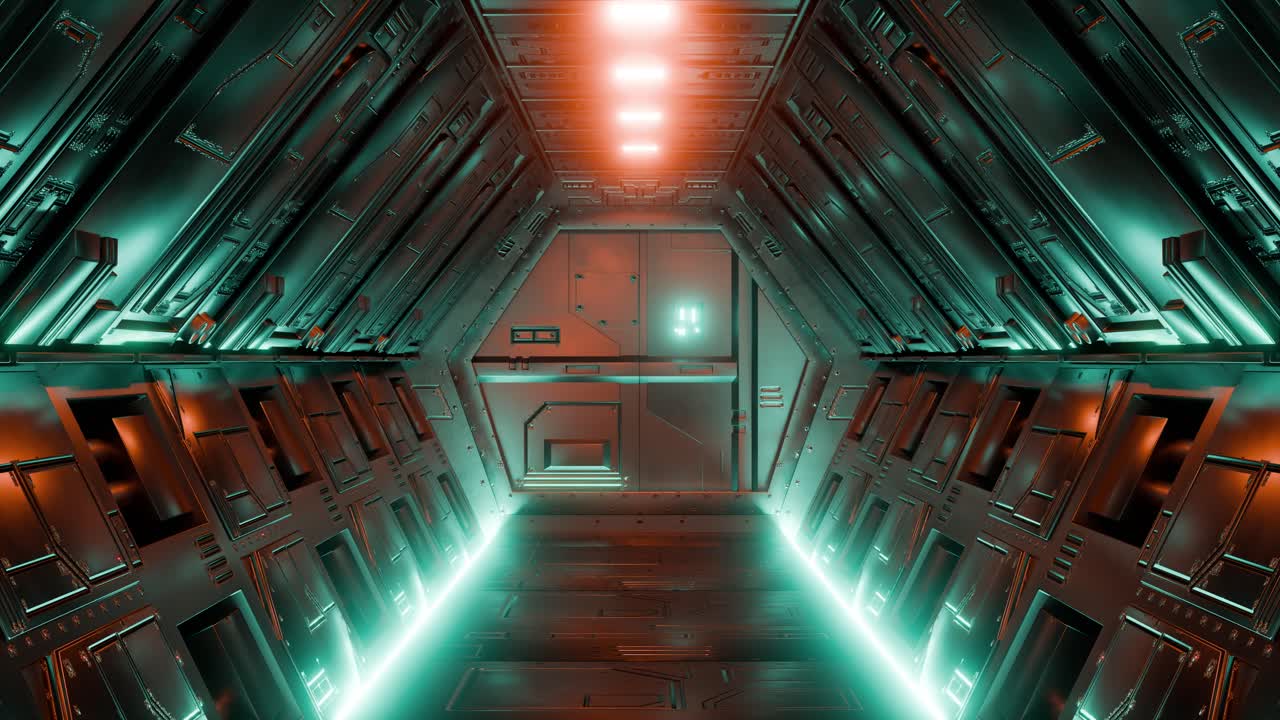 A futuristic spacecraft door with neon lights, animation loop
