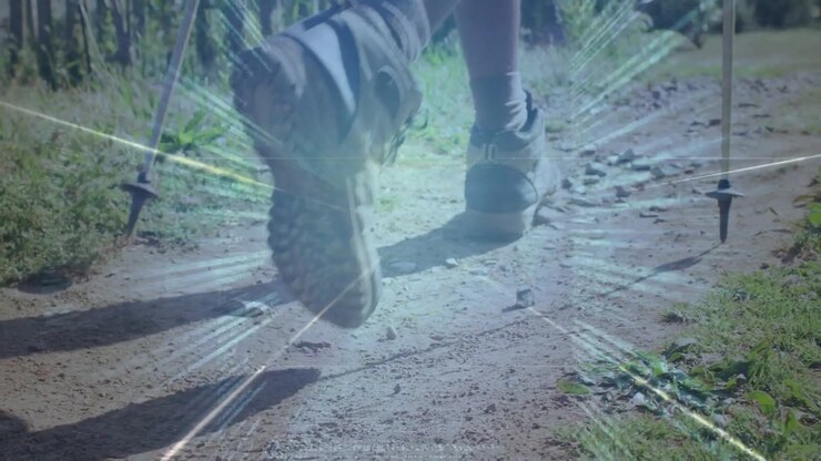 Escursionista maschio che pianta la punta del bastone, avanzando per fare esercizio, con un bagliore dell'obiettivo che si irradia sulle scarpe da trekking