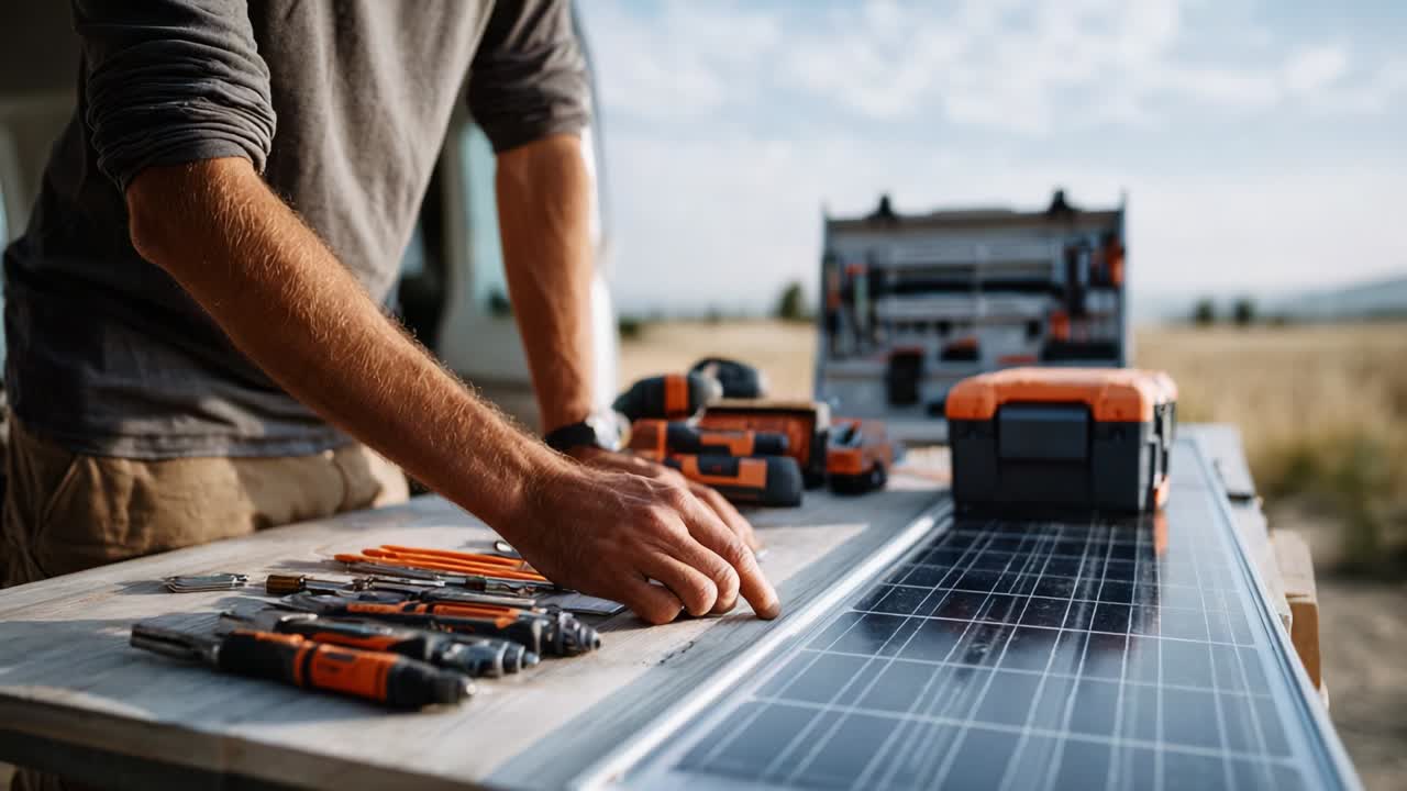 A Craftsman Assembles a Solar Panel Setup with Precision Tools on a Crisp Morning, Showcasing a Blend of Technology and Craftsmanship Amidst a Scenic Outdoor Backdrop