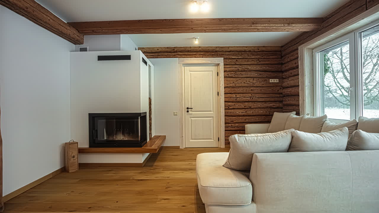 casa elegante y acogedora en un parque nevado con decoración moderna y se puede ver la nieve a través de las ventanas