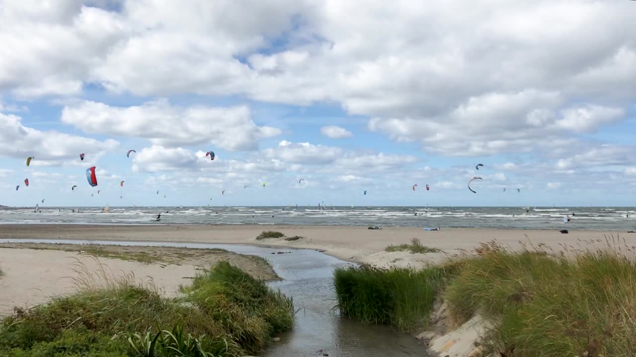 Lots of kitesurfers by the beach with waves. Cloudy blue sky and green grass in foreground. SLOW MOTION.