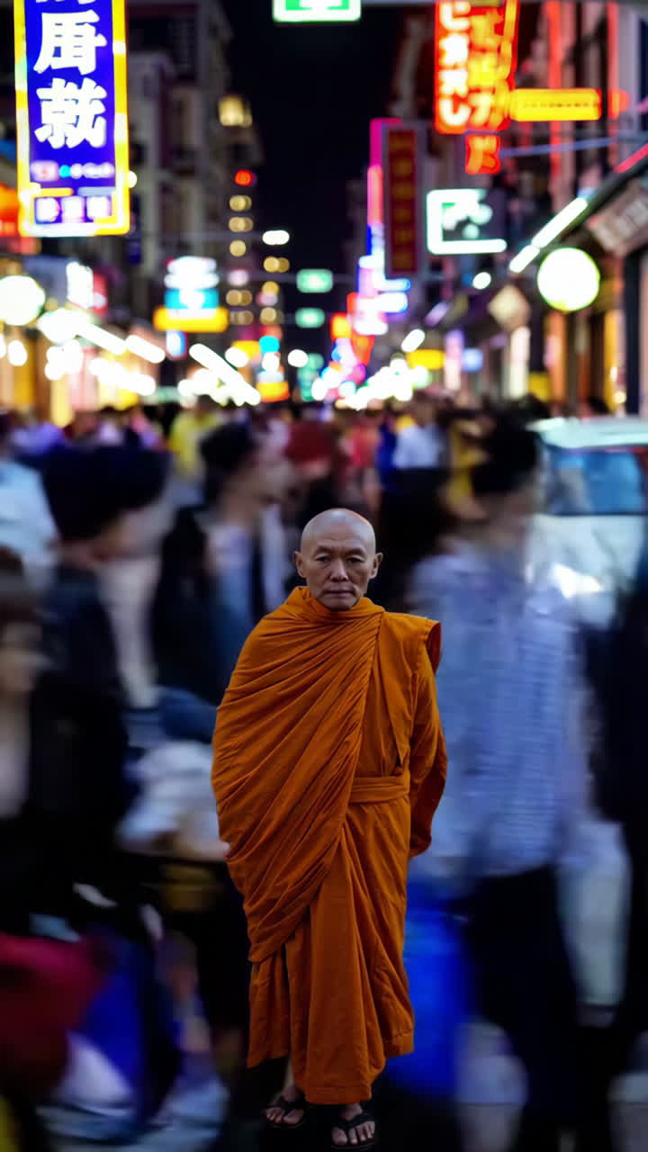 Monk in a bustling Asian city at night