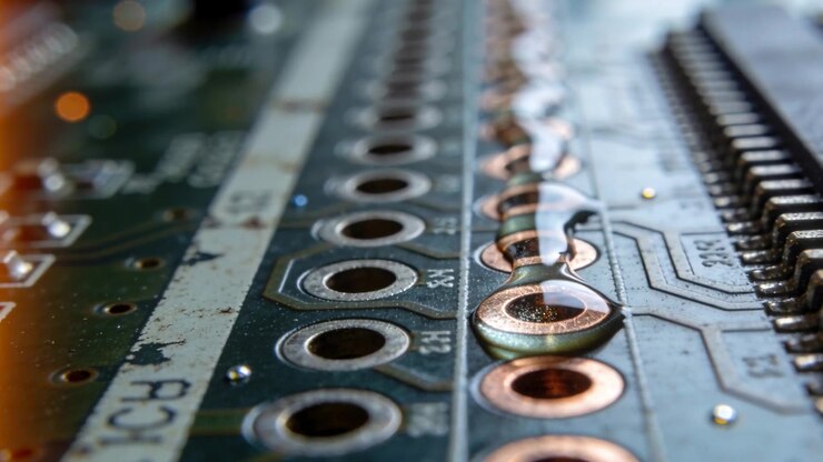 Droplet swelling and spreading on metal pads on circuit board near gold-rimmed holes, AI-generated