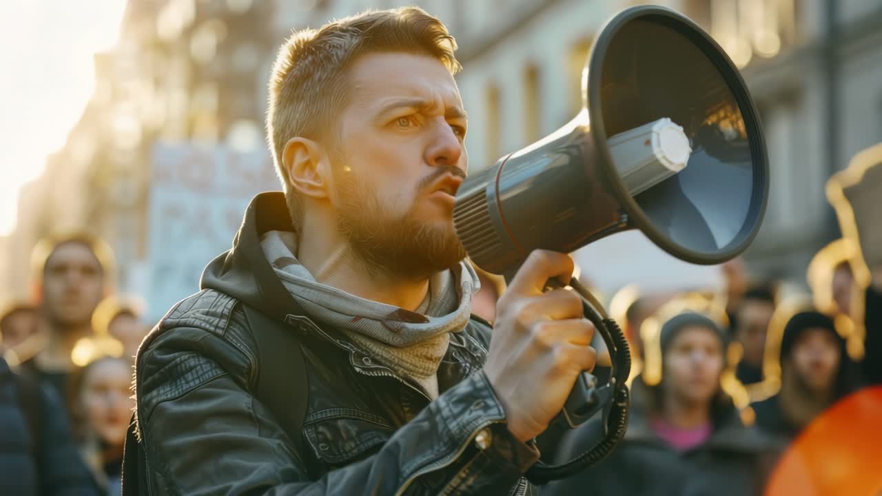 Dynamic street protest video scene with a man using a megaphone