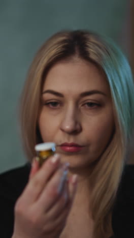 doubting blonde lady patient takes glass bottle with unregistered nutritional product sitting in semi-dark room at home extreme close view slow motion