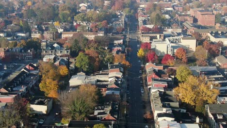 descending aerial establishing shot of urban city scene in united states of america, usa