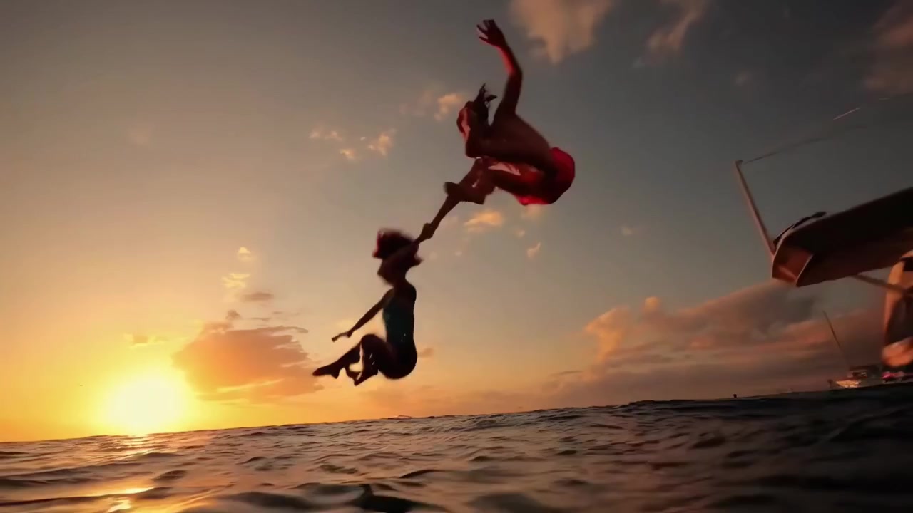 Coppia romantica che si tuffa da una barca a vela nell'oceano al tramonto