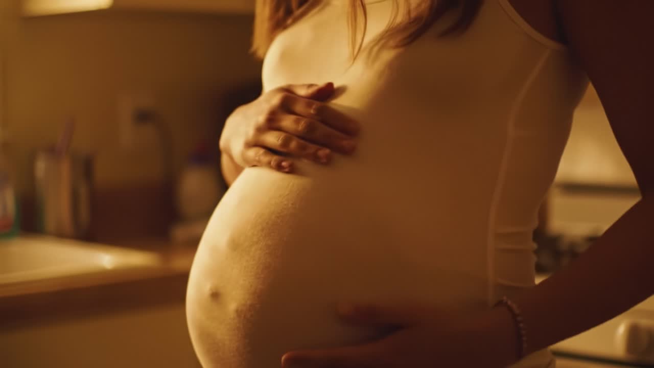 A woman gently cradles her pregnant belly in a warmly lit kitchen, reflecting on her upcoming motherhood journey. The ambiance creates a sense of intimacy and hope.
