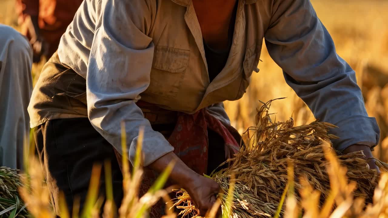 Frame video close-up petani yang sedang memanen tanaman dengan cahaya keemasan