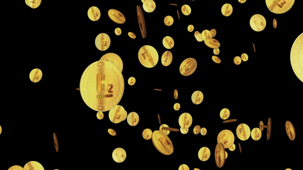 h2 moneda de oro de hidrógeno que cae en el bucle de la lluvia